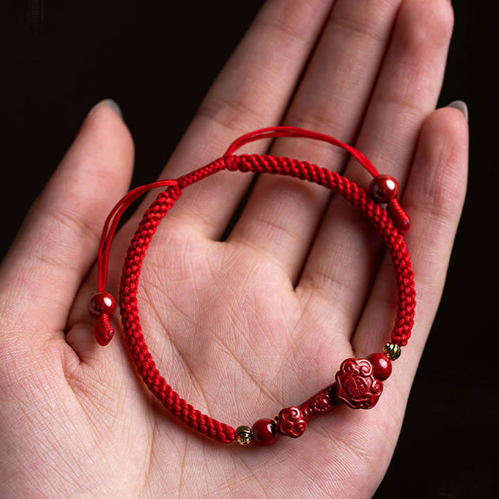 Bracelet tressé en corde rouge avec poignée en cinabre Ruyi et personnage Fu PiXiu fait à la main en Buddha Stones - image 9