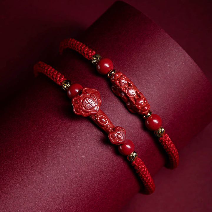 Bracelet tressé en corde rouge avec poignée en cinabre Ruyi et personnage Fu PiXiu fait à la main en Buddha Stones - image 1
