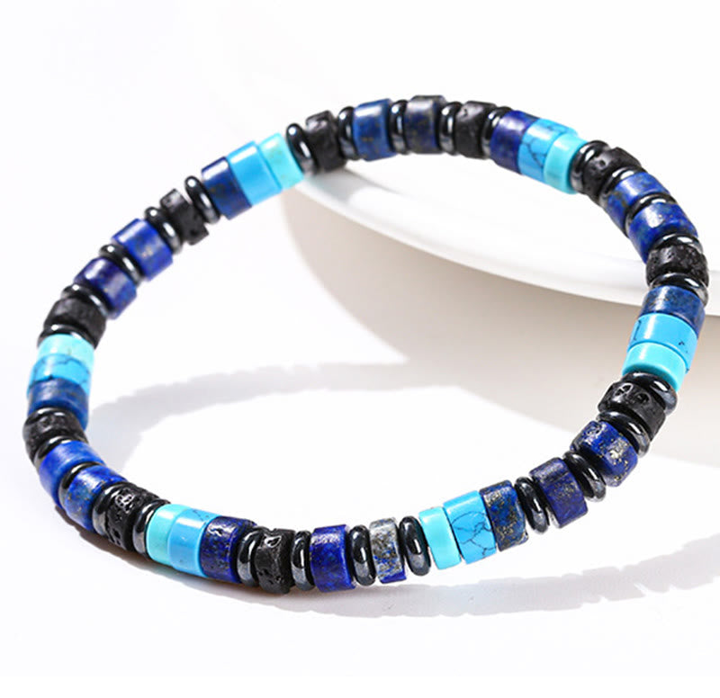 Bracelet de soutien en pierres de Buddha Stones Hématite Turquoise Lazurite Pierre de lave Paillettes noires