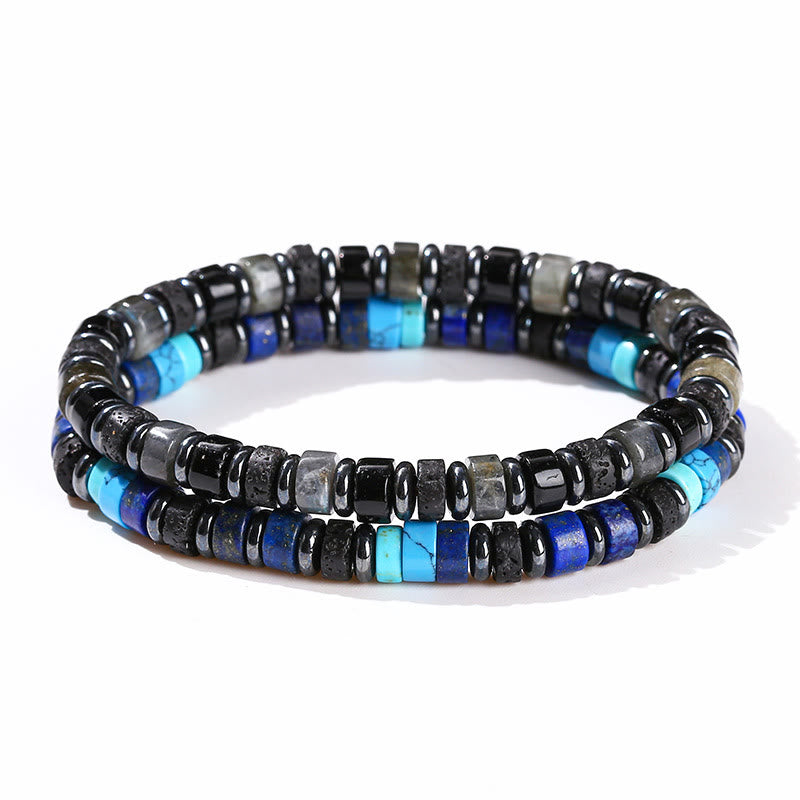 Bracelet de soutien en pierres de Buddha Stones Hématite Turquoise Lazurite Pierre de lave Paillettes noires