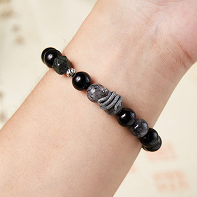 Bracelet de purification de l'année du serpent en argent sterling 925 Buddha Stones et quartz rutile noir