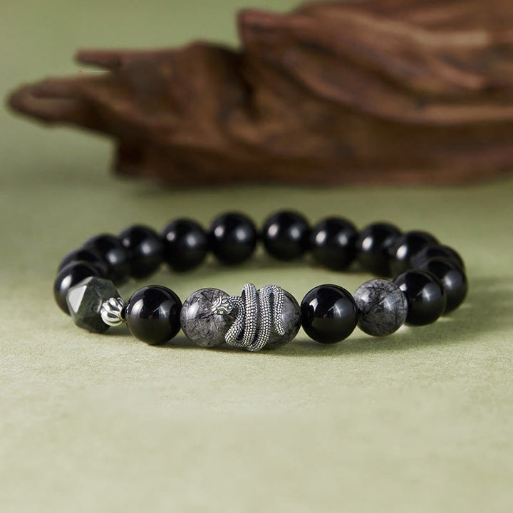 Bracelet de purification de l'année du serpent en argent sterling 925 Buddha Stones et quartz rutile noir