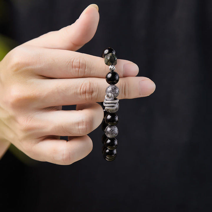 Bracelet de purification de l'année du serpent en argent sterling 925 Buddha Stones et quartz rutile noir