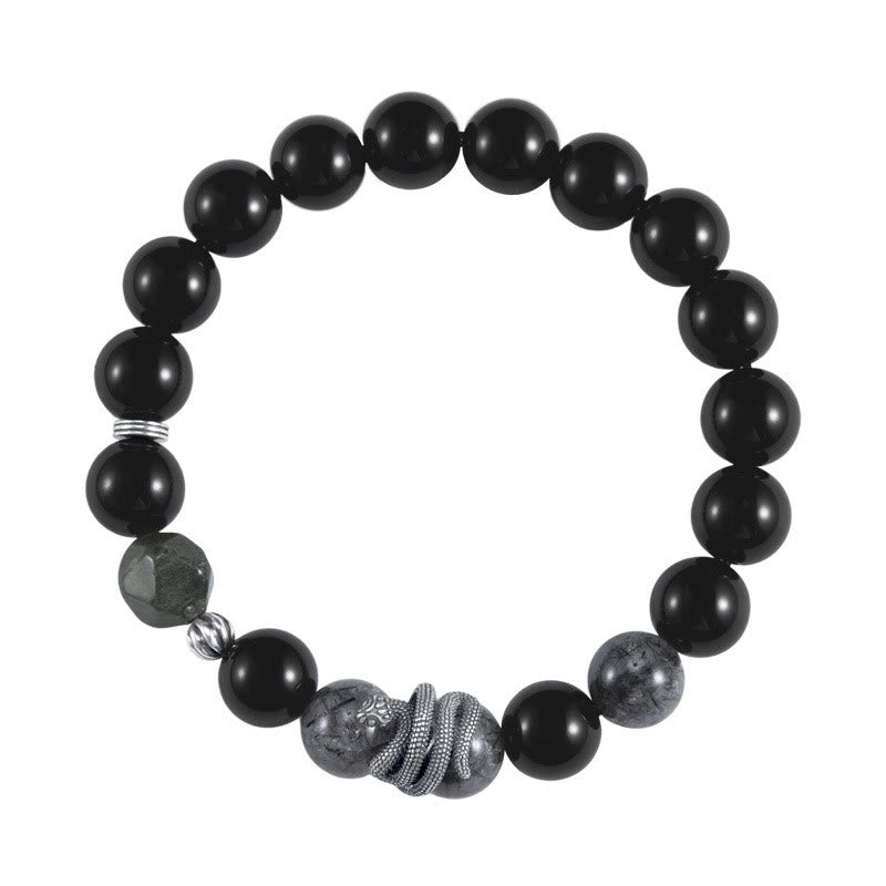 Bracelet de purification de l'année du serpent en argent sterling 925 Buddha Stones et quartz rutile noir