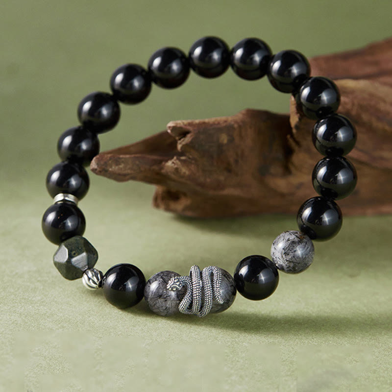 Bracelet de purification de l'année du serpent en argent sterling 925 Buddha Stones et quartz rutile noir