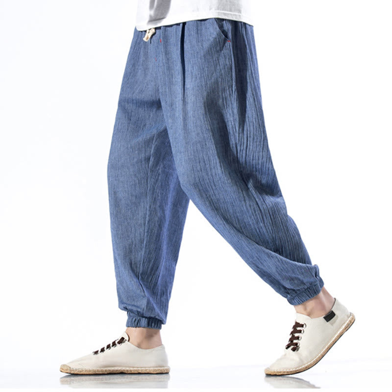 Pantalon décontracté en lin de couleur unie avec cordon de serrage et poches pour homme Buddha Stones - Bleu royal - US/UK/AU46，EU56 (5XL) - image 16