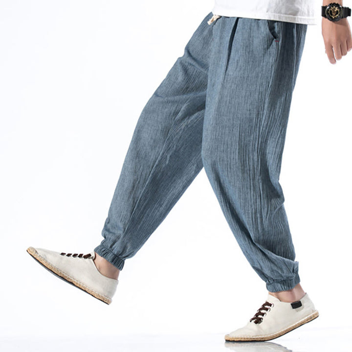 Pantalon décontracté en lin de couleur unie avec cordon de serrage et poches pour homme Buddha Stones - image 8
