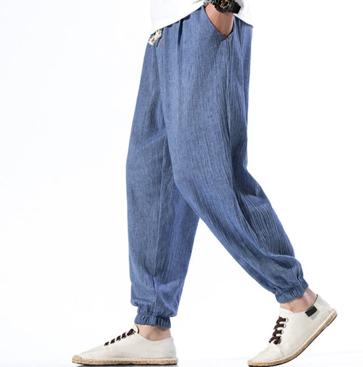 Pantalon décontracté en lin de couleur unie avec cordon de serrage et poches pour homme Buddha Stones - image 17