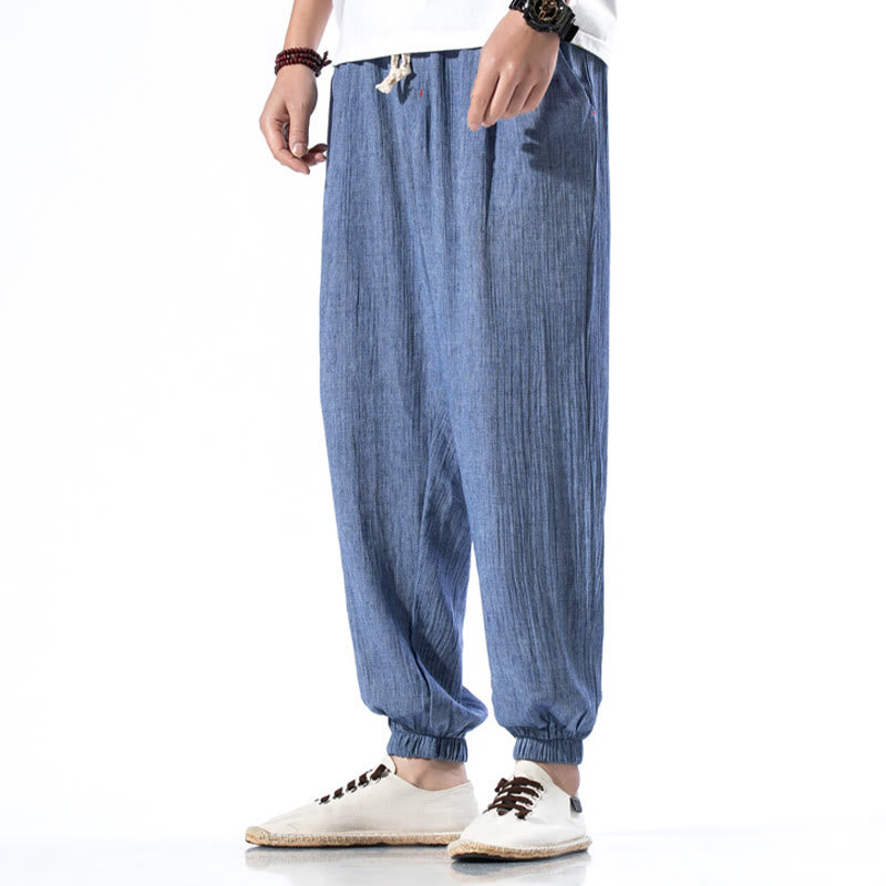 Pantalon décontracté en lin de couleur unie avec cordon de serrage et poches pour homme Buddha Stones - image 17