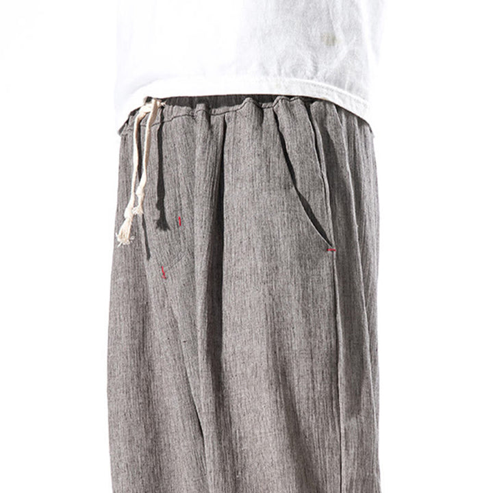 Pantalon décontracté en lin de couleur unie avec cordon de serrage et poches pour homme Buddha Stones - image 35