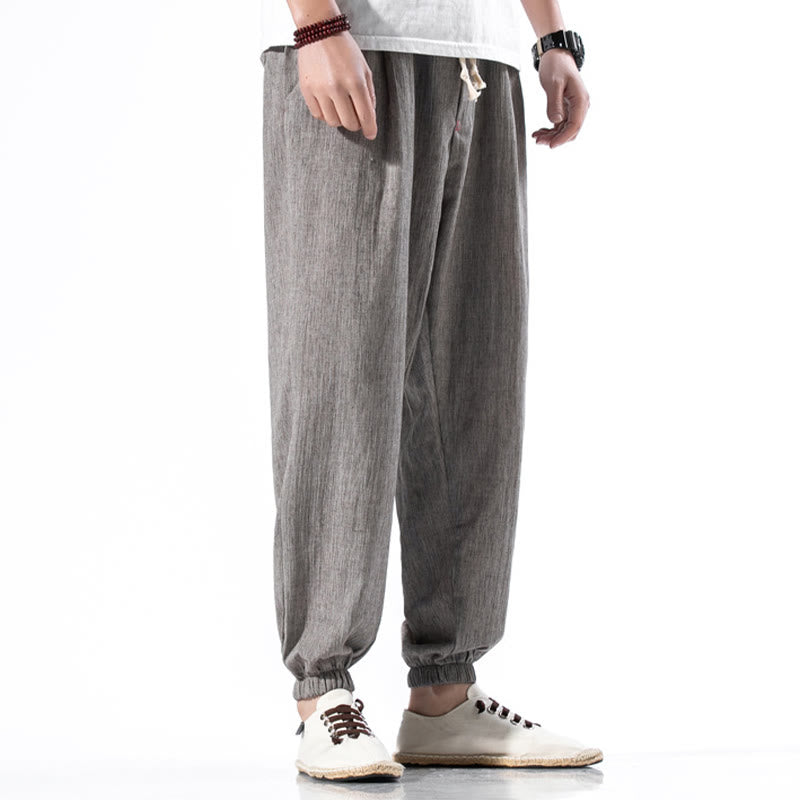 Pantalon décontracté en lin de couleur unie avec cordon de serrage et poches pour homme Buddha Stones - image 32