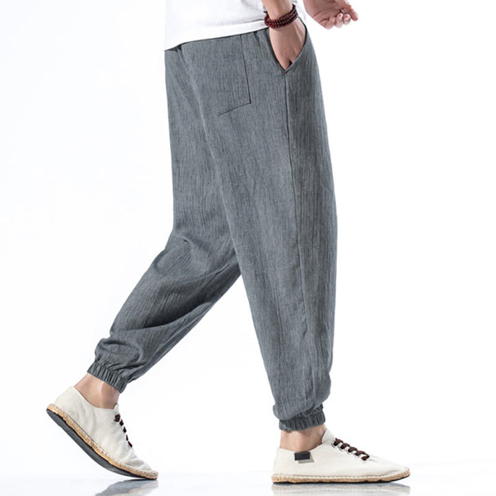 Pantalon décontracté en lin de couleur unie avec cordon de serrage et poches pour homme Buddha Stones - image 26