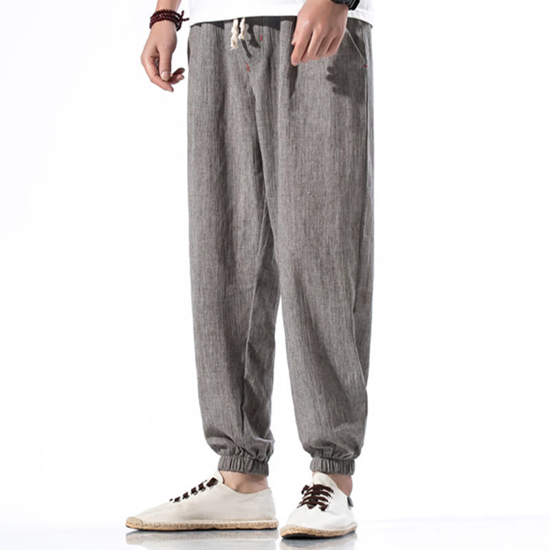 Pantalon décontracté en lin de couleur unie avec cordon de serrage et poches pour homme Buddha Stones - Gris - US/UK/AU46，EU56 (5XL) - image 28