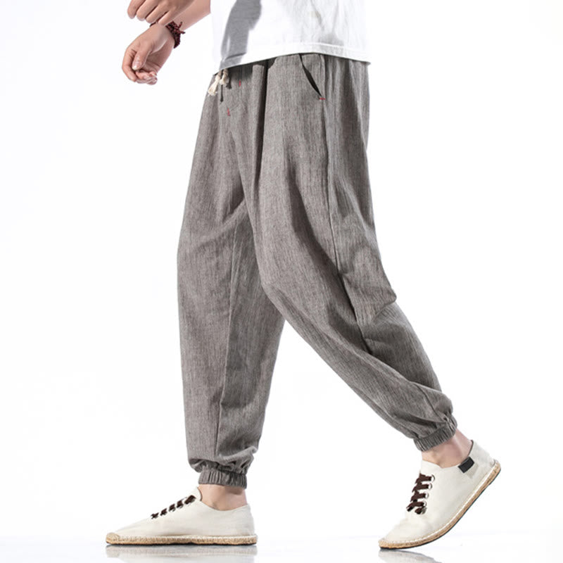 Pantalon décontracté en lin de couleur unie avec cordon de serrage et poches pour homme Buddha Stones - image 31