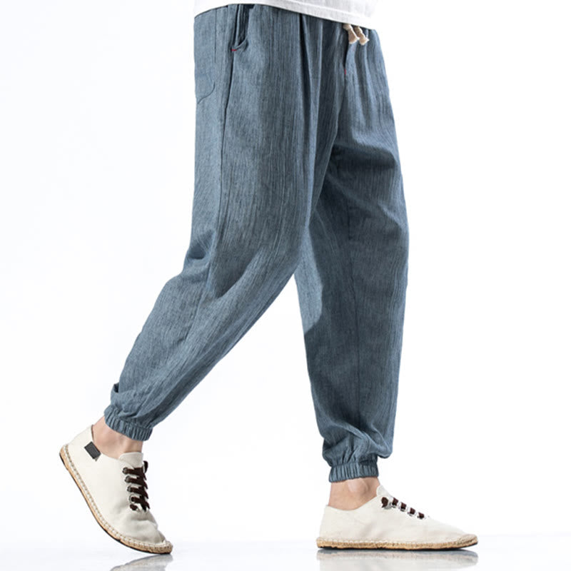 Pantalon décontracté en lin de couleur unie avec cordon de serrage et poches pour homme Buddha Stones - image 3