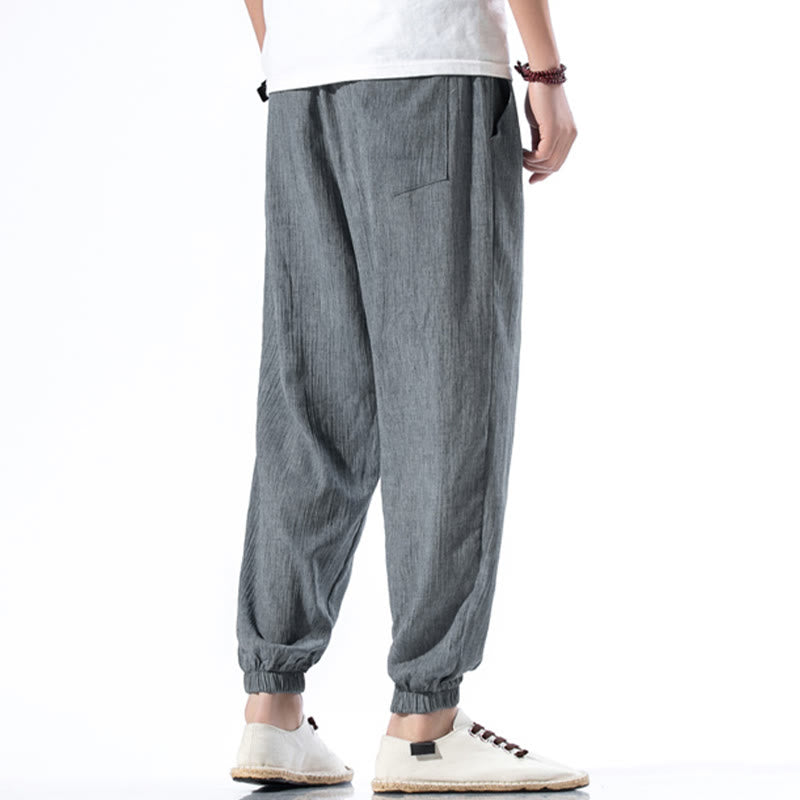 Pantalon décontracté en lin de couleur unie avec cordon de serrage et poches pour homme Buddha Stones - image 27