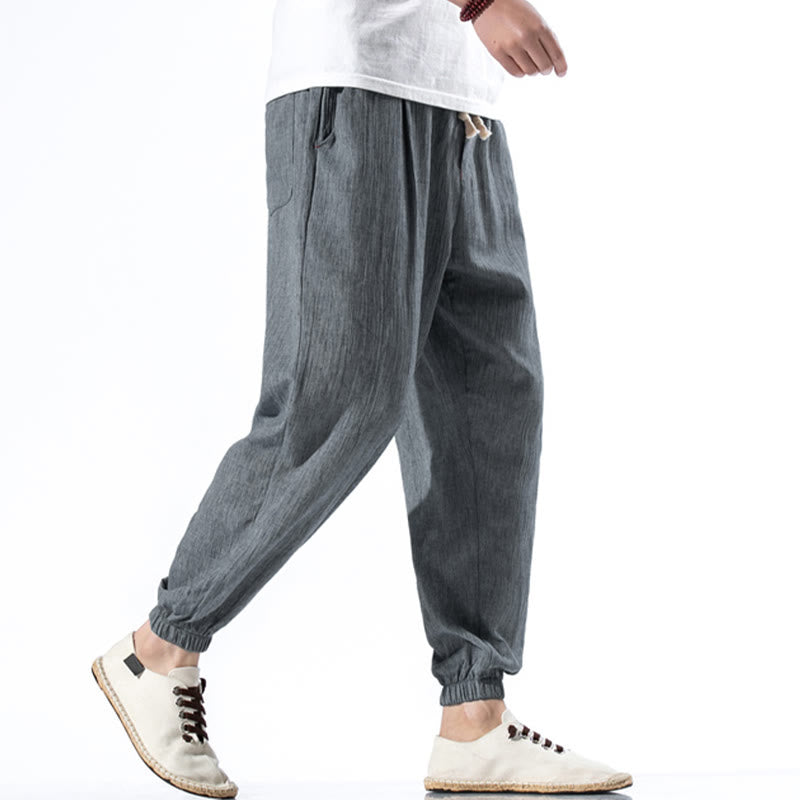 Pantalon décontracté en lin de couleur unie avec cordon de serrage et poches pour homme Buddha Stones - image 25