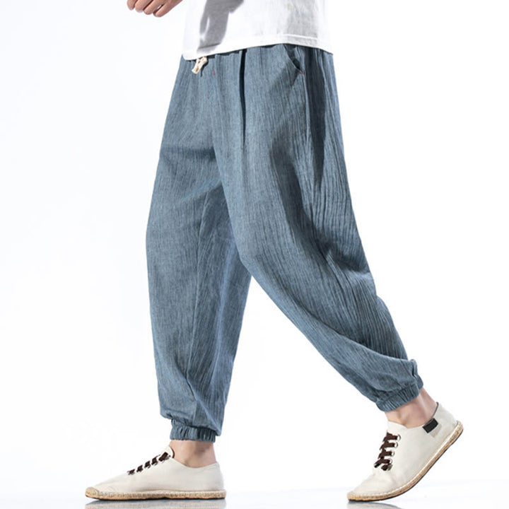 Pantalon décontracté en lin de couleur unie avec cordon de serrage et poches pour homme Buddha Stones - image 1