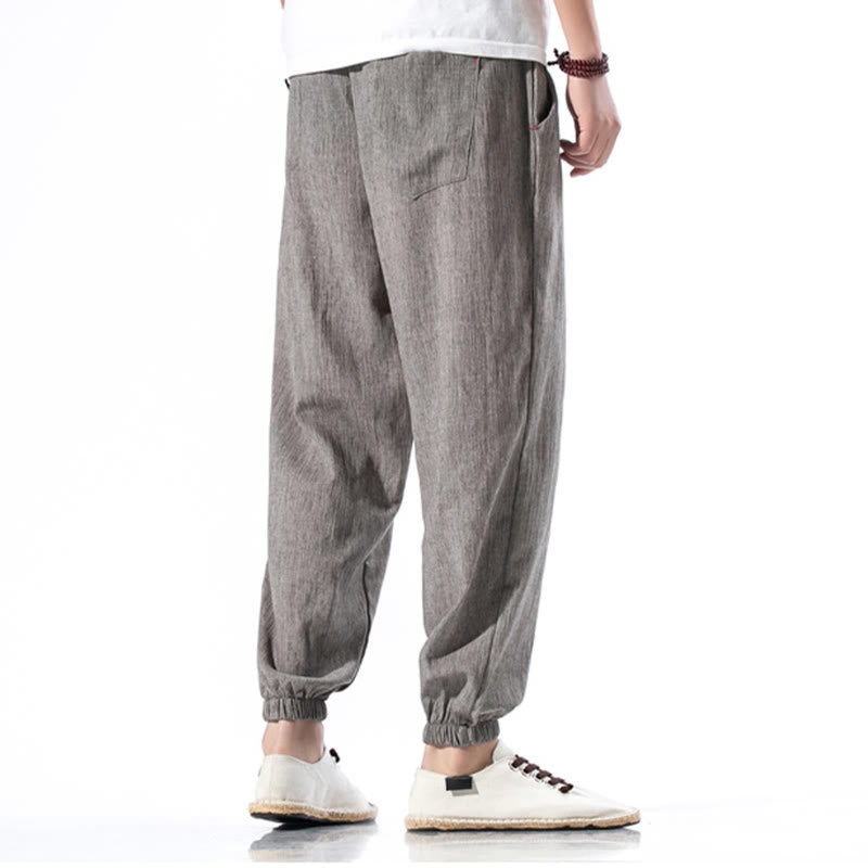 Pantalon décontracté en lin de couleur unie avec cordon de serrage et poches pour homme Buddha Stones - image 34