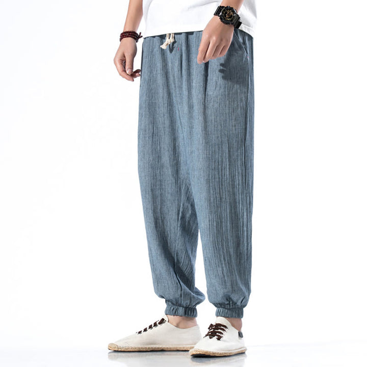 Pantalon décontracté en lin de couleur unie avec cordon de serrage et poches pour homme Buddha Stones - image 3