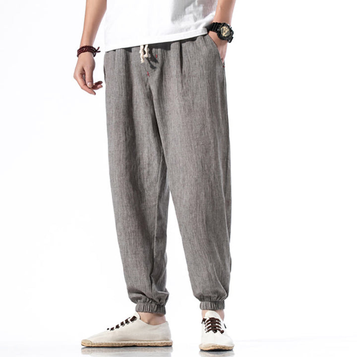 Pantalon décontracté en lin de couleur unie avec cordon de serrage et poches pour homme Buddha Stones - image 29