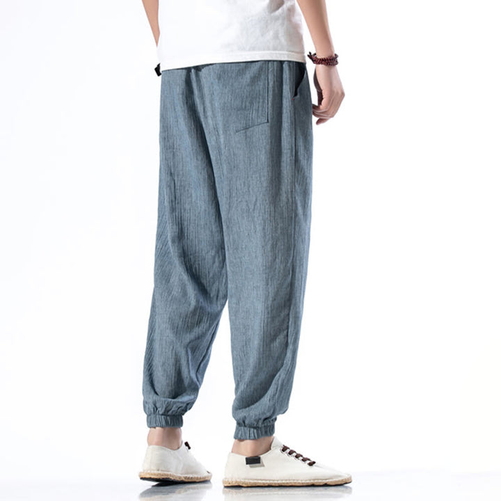 Pantalon décontracté en lin de couleur unie avec cordon de serrage et poches pour homme Buddha Stones - image 5