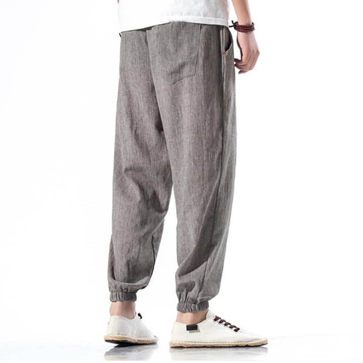 Pantalon décontracté en lin de couleur unie avec cordon de serrage et poches pour homme Buddha Stones - image 33