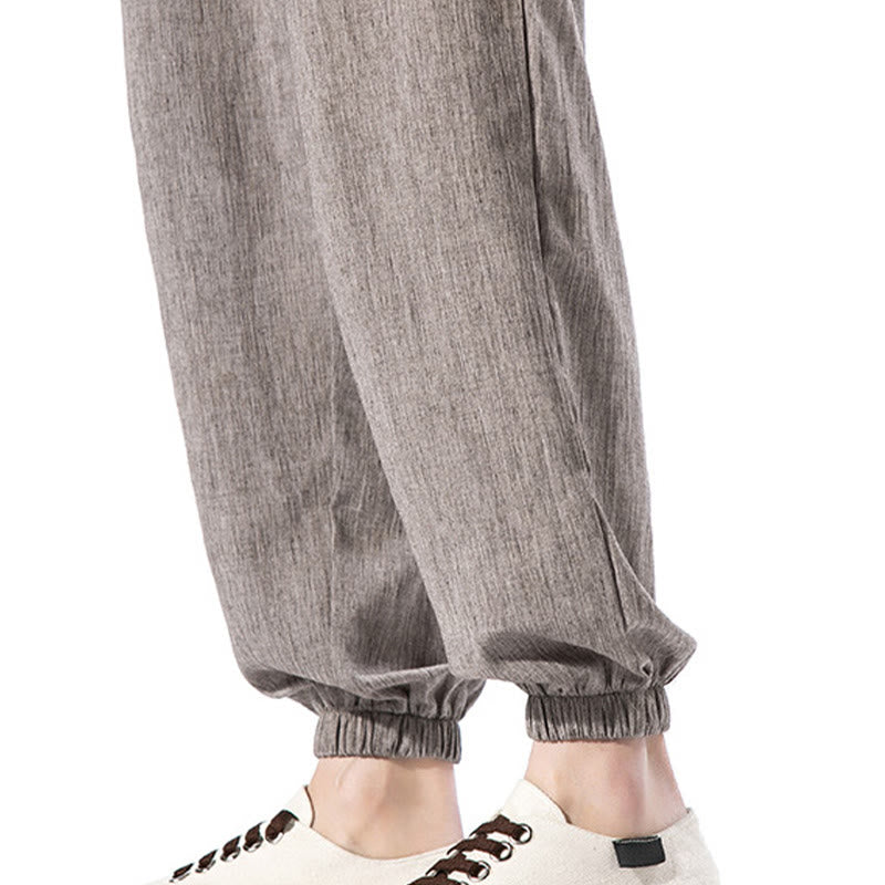 Pantalon décontracté en lin de couleur unie avec cordon de serrage et poches pour homme Buddha Stones - image 38