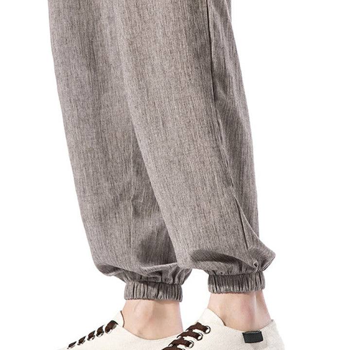Pantalon décontracté en lin de couleur unie avec cordon de serrage et poches pour homme Buddha Stones - image 38