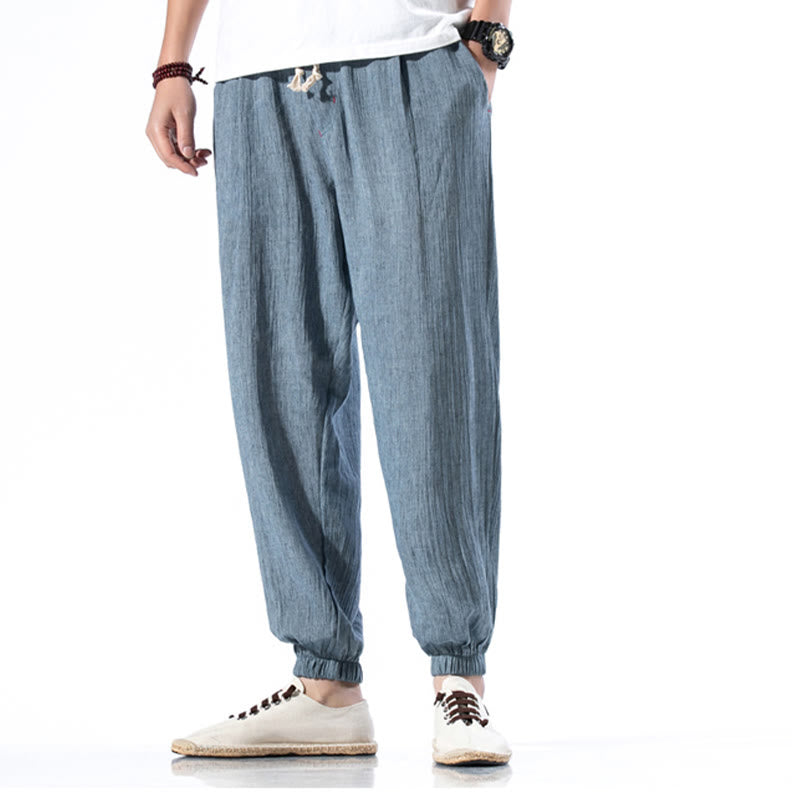 Pantalon décontracté en lin de couleur unie avec cordon de serrage et poches pour homme Buddha Stones - image 7