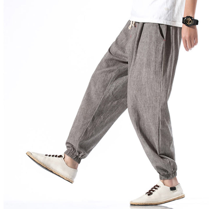 Pantalon décontracté en lin de couleur unie avec cordon de serrage et poches pour homme Buddha Stones - image 30