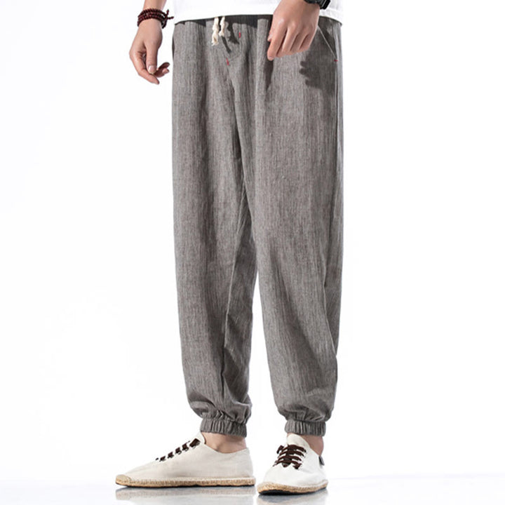Pantalon décontracté en lin de couleur unie avec cordon de serrage et poches pour homme Buddha Stones - Gris - US/UK/AU46，EU56 (5XL) - image 29