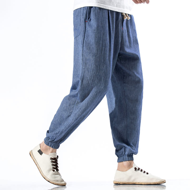 Pantalon décontracté en lin de couleur unie avec cordon de serrage et poches pour homme Buddha Stones - image 21