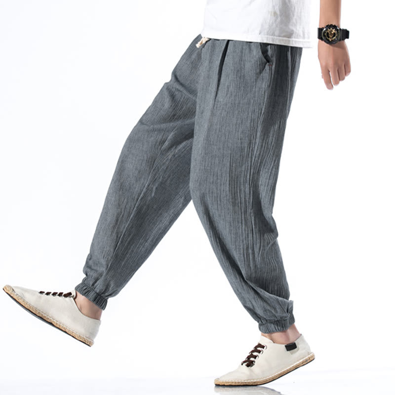 Pantalon décontracté en lin de couleur unie avec cordon de serrage et poches pour homme Buddha Stones - image 24