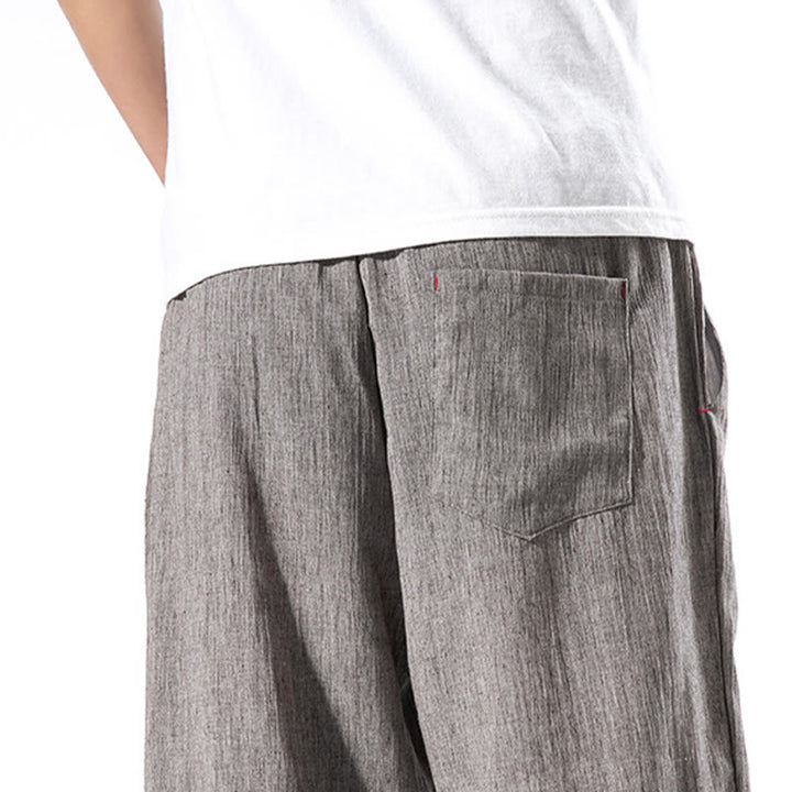 Pantalon décontracté en lin de couleur unie avec cordon de serrage et poches pour homme Buddha Stones - image 37