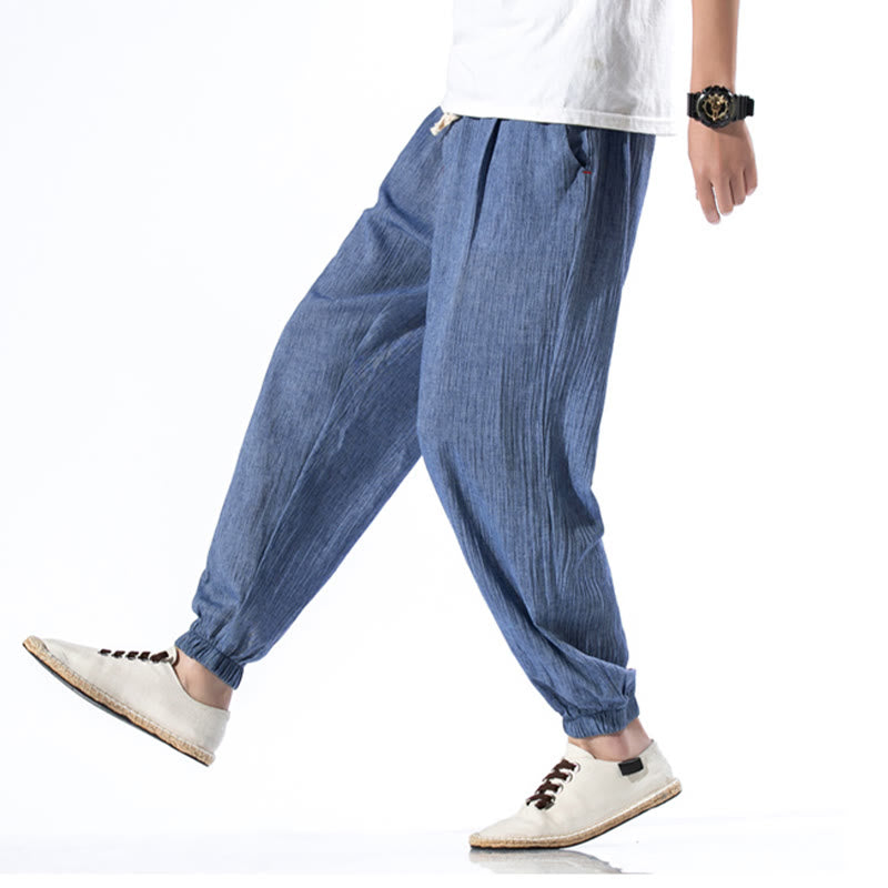 Pantalon décontracté en lin de couleur unie avec cordon de serrage et poches pour homme Buddha Stones - image 19