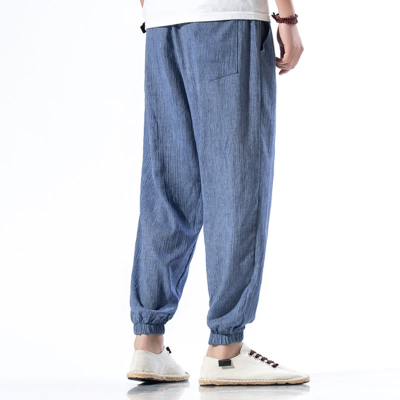 Pantalon décontracté en lin de couleur unie avec cordon de serrage et poches pour homme Buddha Stones - image 21