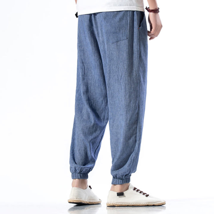 Pantalon décontracté en lin de couleur unie avec cordon de serrage et poches pour homme Buddha Stones - image 21
