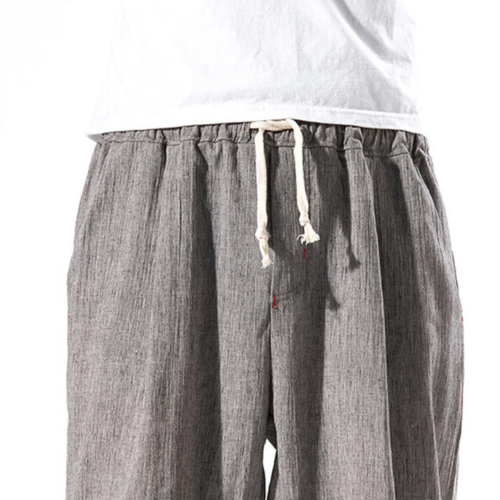 Pantalon décontracté en lin de couleur unie avec cordon de serrage et poches pour homme Buddha Stones - image 34
