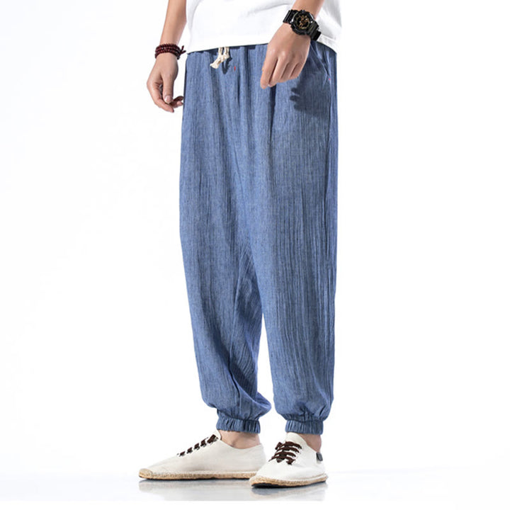Pantalon décontracté en lin de couleur unie avec cordon de serrage et poches pour homme Buddha Stones - image 19