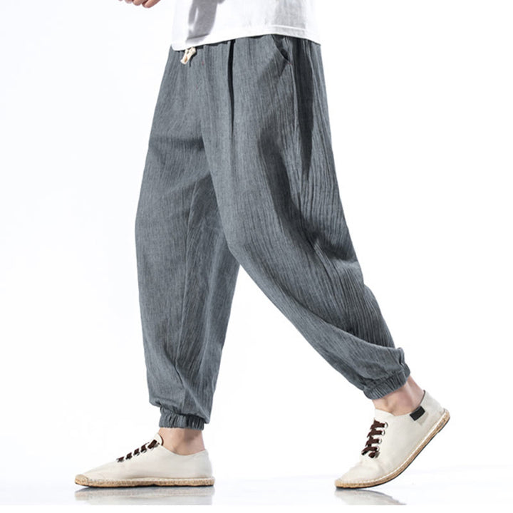 Pantalon décontracté en lin de couleur unie avec cordon de serrage et poches pour homme Buddha Stones - image 24