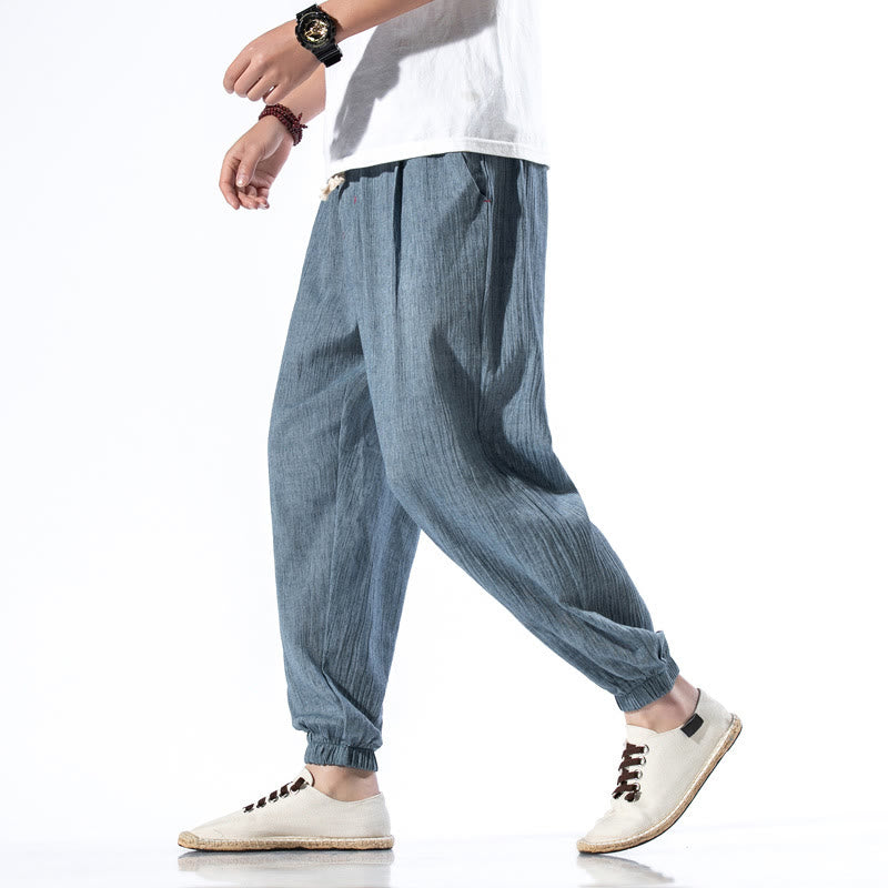 Pantalon décontracté en lin de couleur unie avec cordon de serrage et poches pour homme Buddha Stones - Bleu acier - US/UK/AU46，EU56 (5XL) - image 1