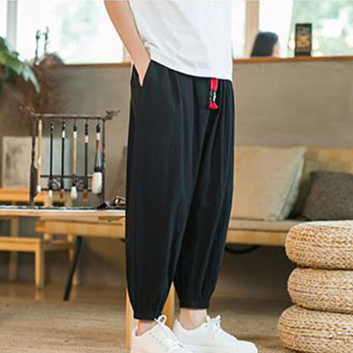 Pantalon en lin uni rouge avec cordon de serrage et poches pour homme avec Buddha Stones - image 18