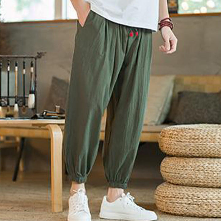 Pantalon en lin uni rouge avec cordon de serrage et poches pour homme avec Buddha Stones - image 4