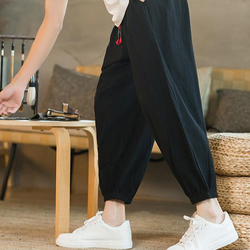 Pantalon en lin uni rouge avec cordon de serrage et poches pour homme avec Buddha Stones - image 16