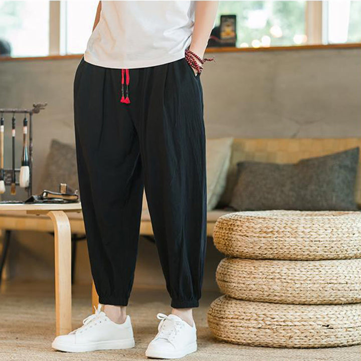 Pantalon en lin uni rouge avec cordon de serrage et poches pour homme avec Buddha Stones - image 13
