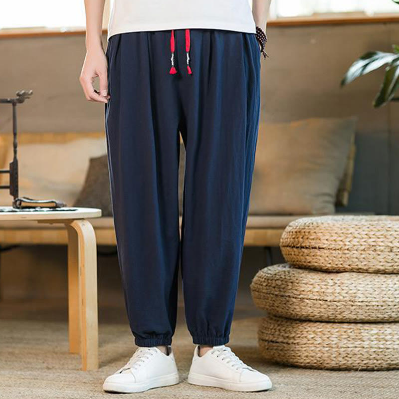 Pantalon en lin uni rouge avec cordon de serrage et poches pour homme avec Buddha Stones - Bleu foncé - US/UK/AU46，EU56 (5XL)  - image 30