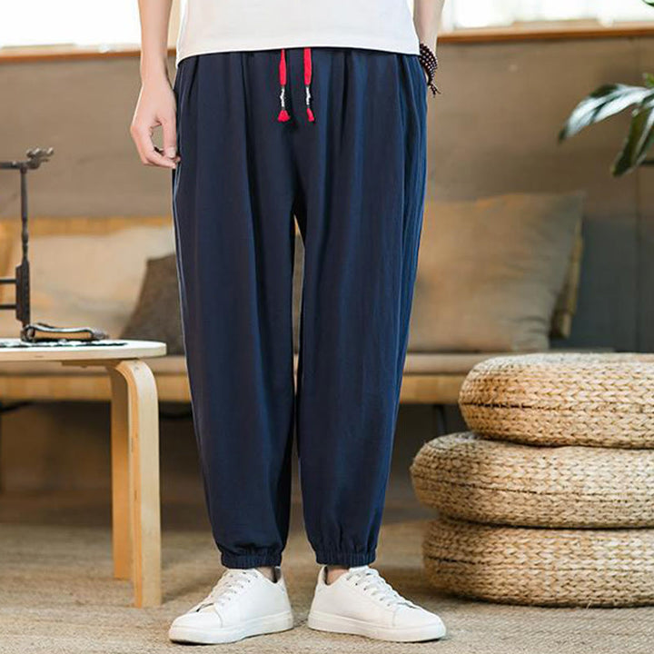 Pantalon en lin uni rouge avec cordon de serrage et poches pour homme avec Buddha Stones - Bleu foncé - US/UK/AU46，EU56 (5XL)  - image 30
