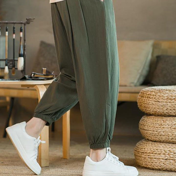 Pantalon en lin uni rouge avec cordon de serrage et poches pour homme avec Buddha Stones - image 10