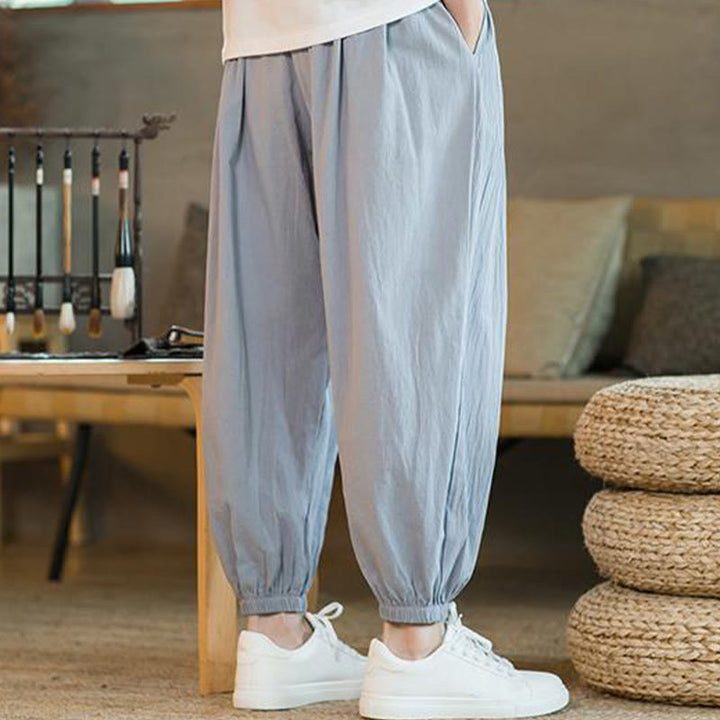 Pantalon en lin uni rouge avec cordon de serrage et poches pour homme avec Buddha Stones - image 29